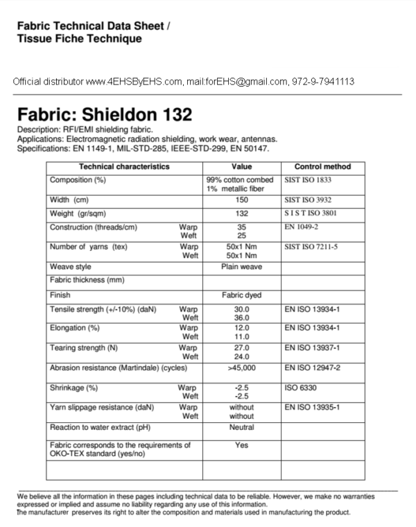 S132 RF Blocking Fabric - data