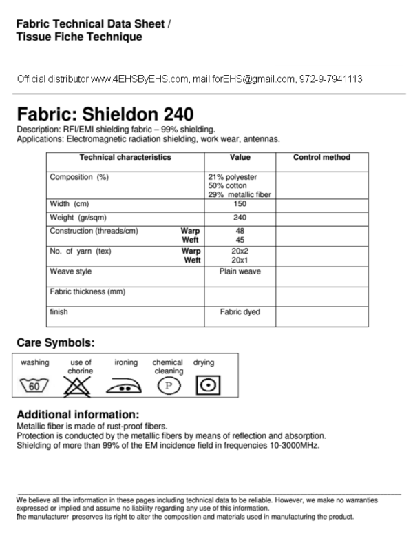 S240 RF Blocking Fabric - Data sheet